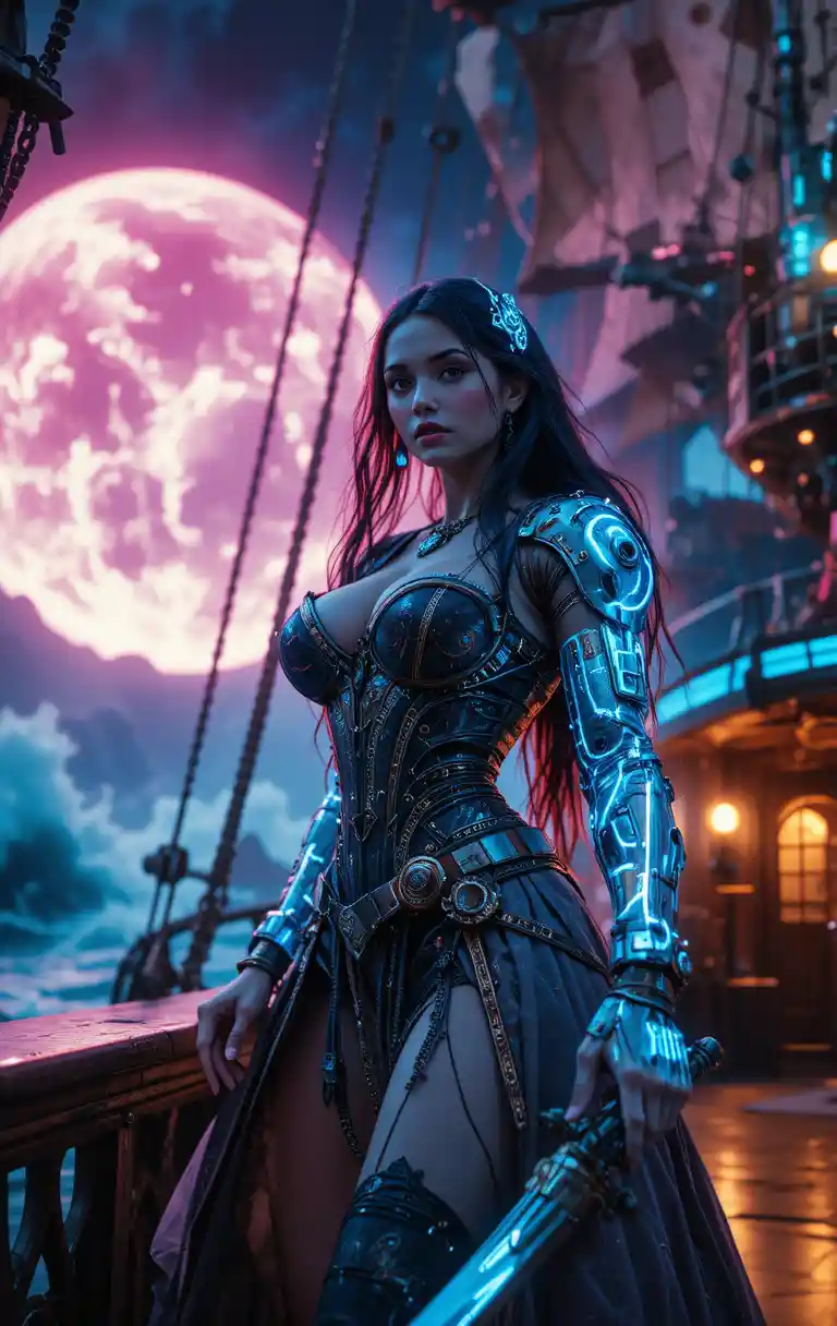 Cybernetic pirate princess on a neon biomechanical galleon
