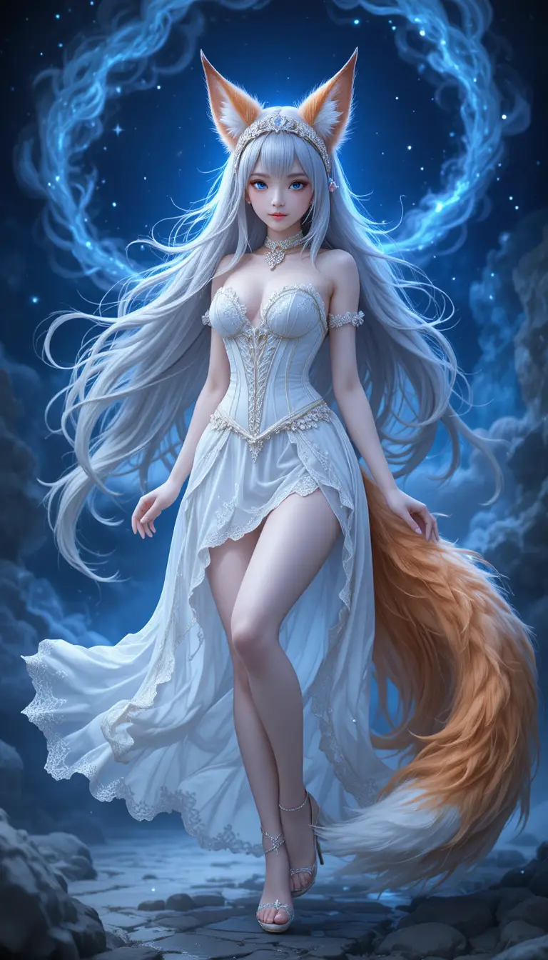 Ethereal Anthro Fox In Flowing White Dress At Night