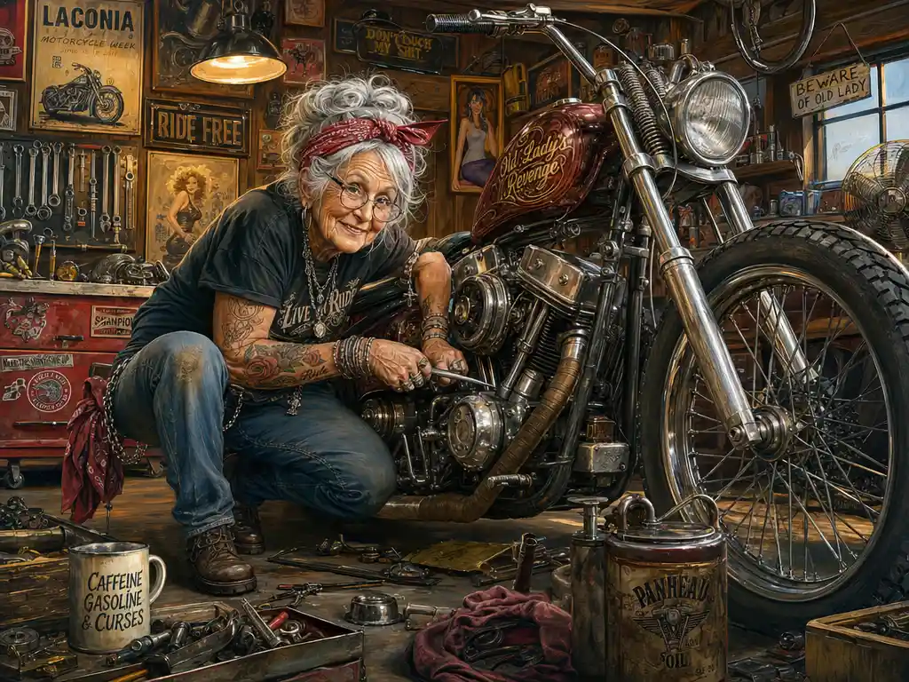 Rocker grandma repairing her motorcycle in a workshop