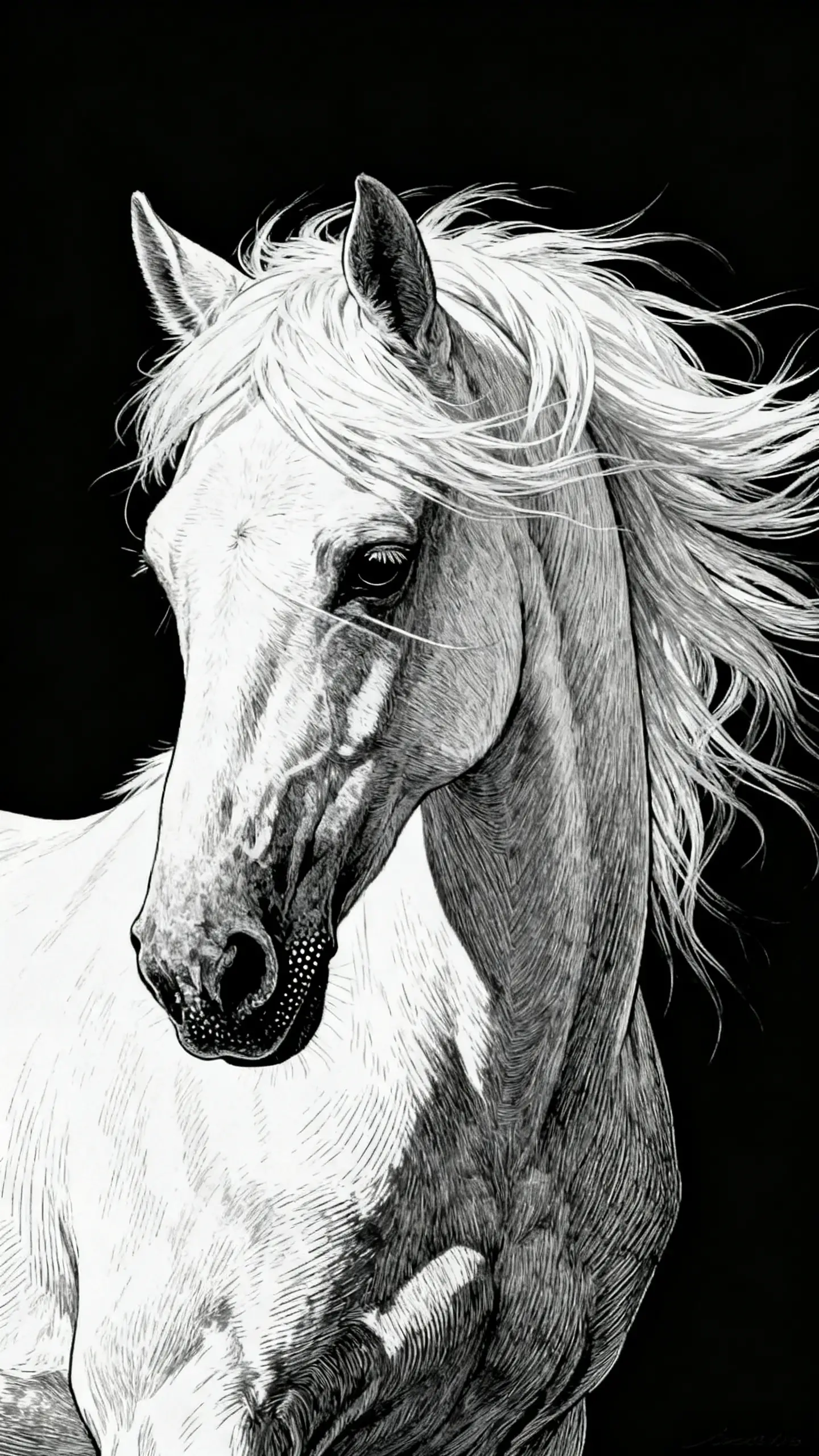 White arabian horse scratchboard portrait with flowing mane