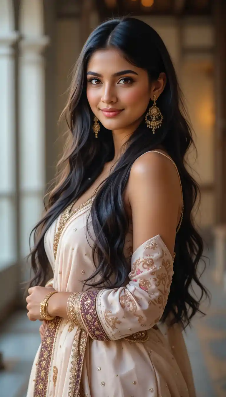 Elegant Indian woman smiling with long dark flowing hair
