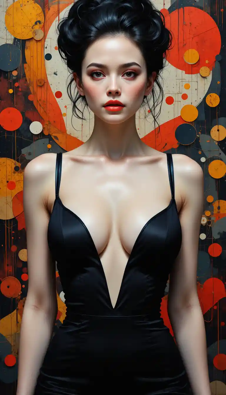 Elegant woman in black dress with abstract colorful shapes