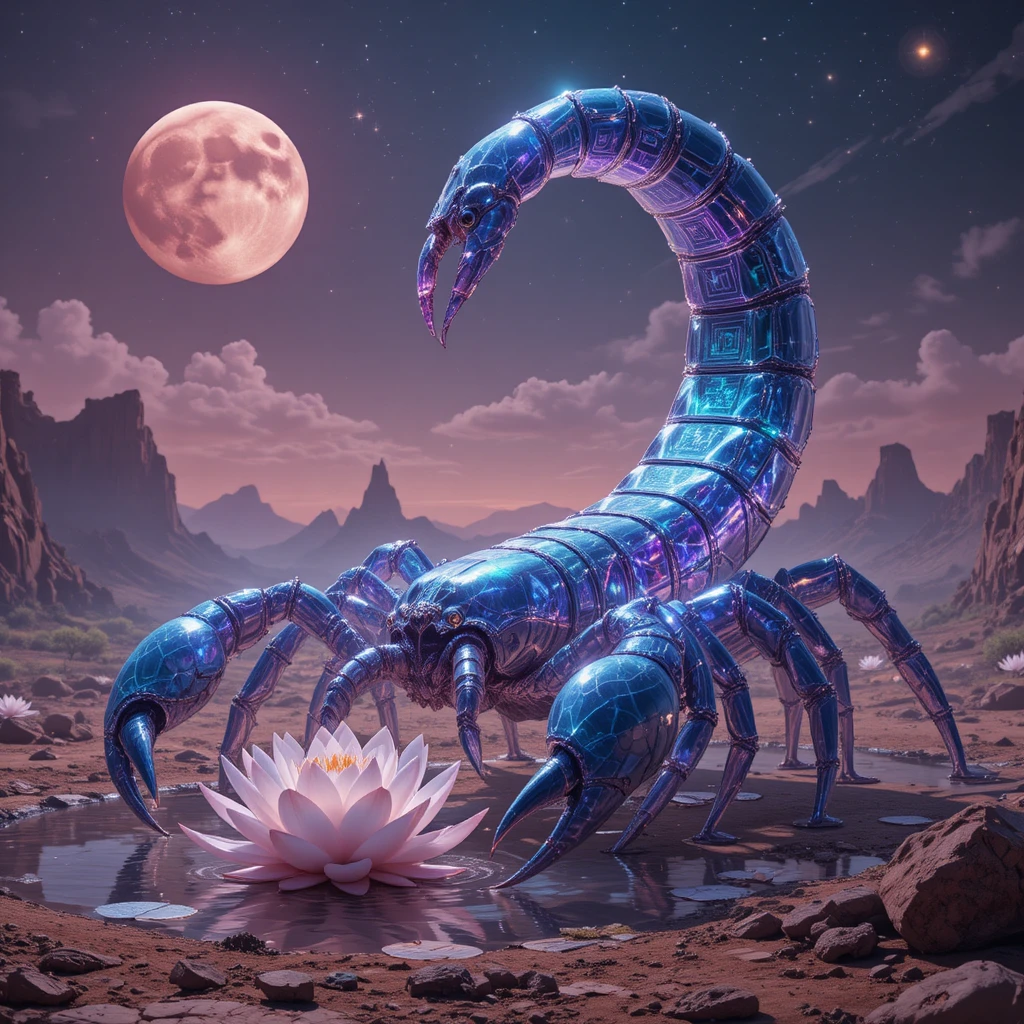 Majestic crystal scorpion beneath a luminous white lotus
