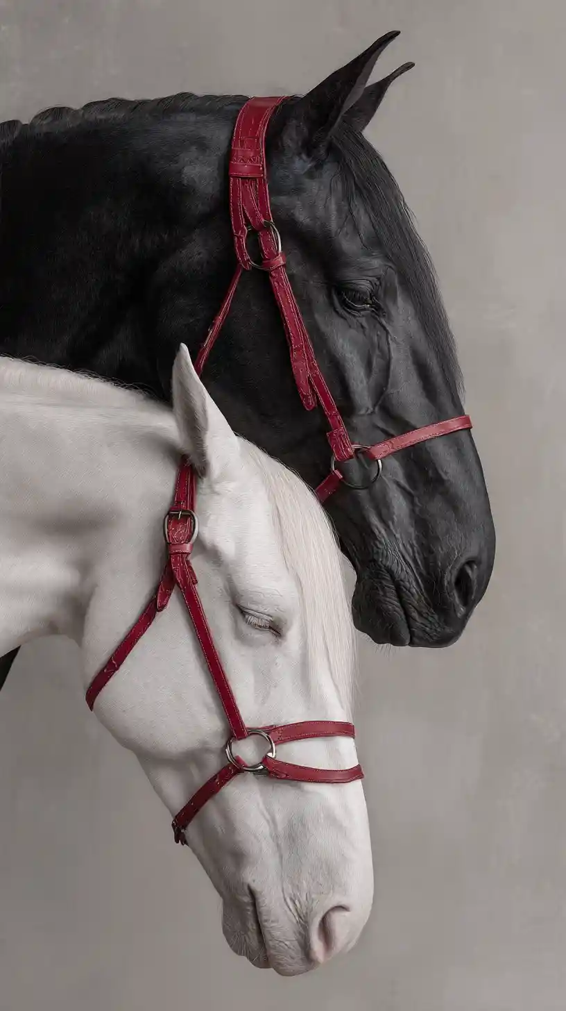 Black and white horses touching gently in studio portrait
