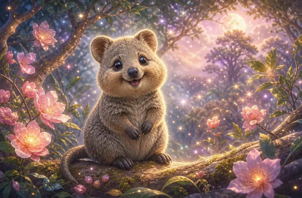 Cute baby quokka on glowing branch in enchanted forest