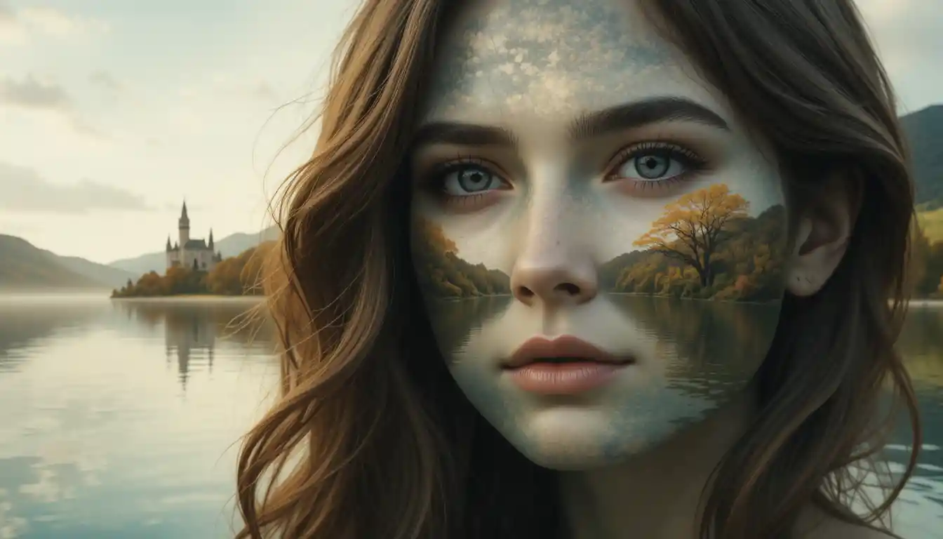 Surreal woman face merging with tranquil lake and sky