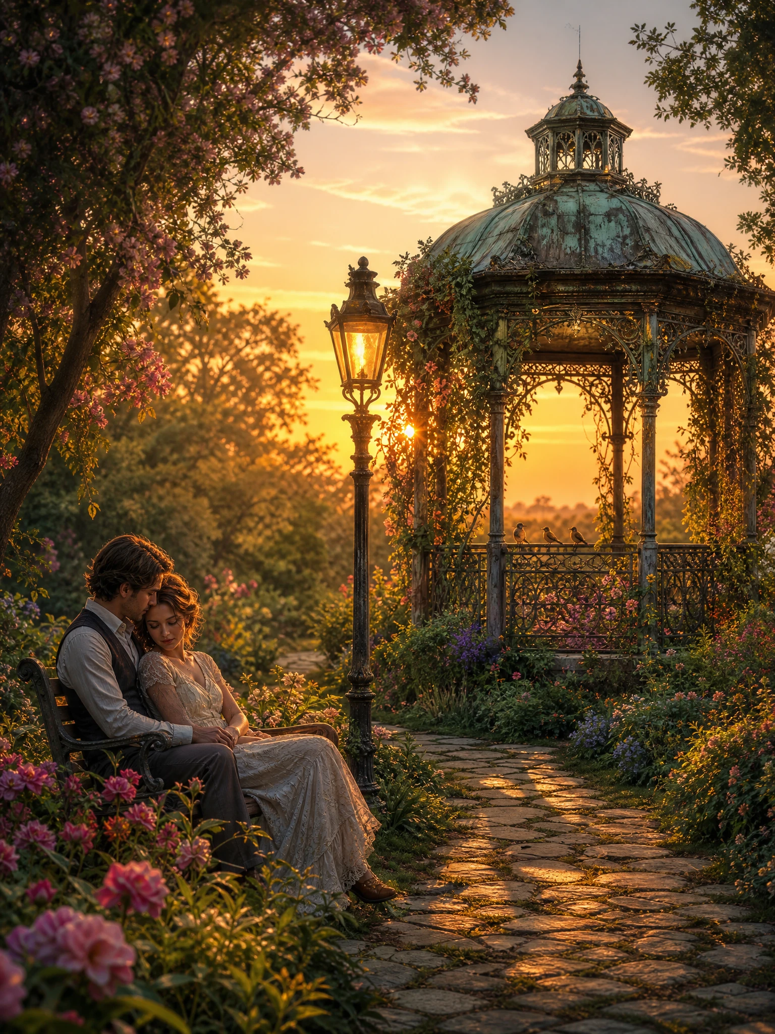 Copper garden gazebo under warm sunset light