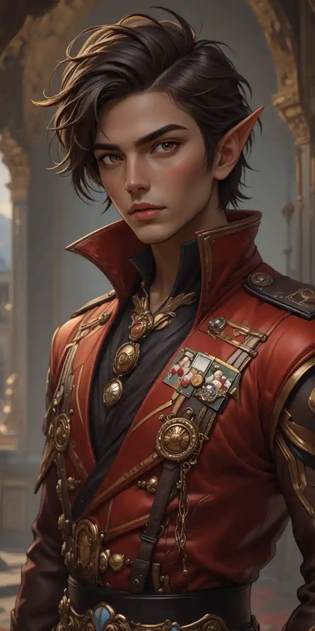 Anime fantasy man with dark skin and copper hair