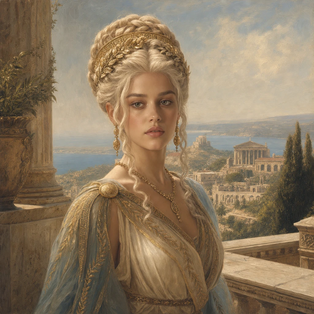 Elegant Roman woman on a terrace in soft oil painting