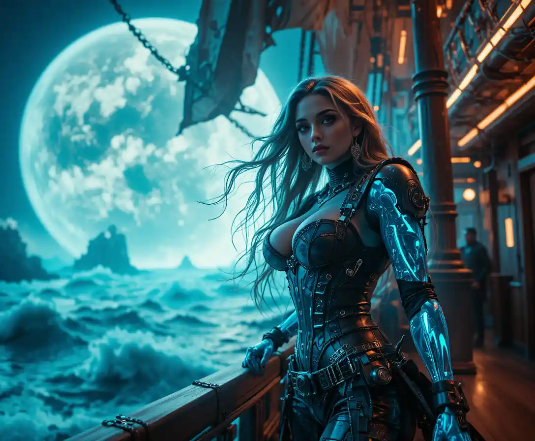 Cybernetic pirate princess on a neon biomechanical ship deck