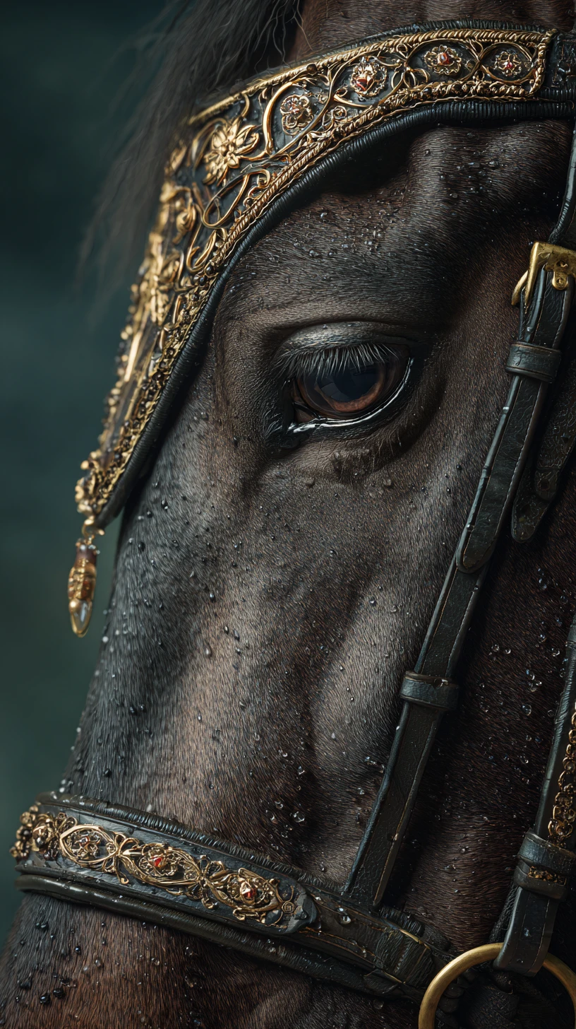 Dramatic close up portrait of a dark bay horse