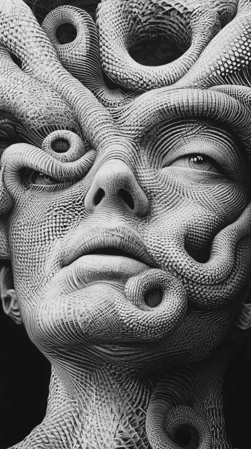 Surreal face entwined by a coiling patterned serpent