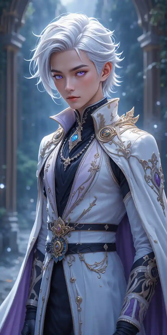 Elegant fantasy man with white hair and glowing violet eyes