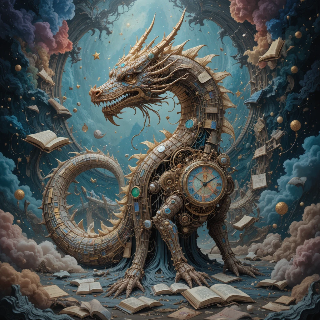 Surreal clockwork dragon dissolving into floating cosmic books