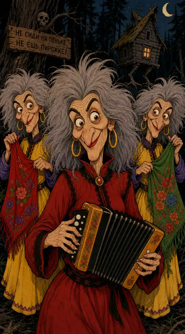Cartoon Baba Yaga trio in a dark forest close up
