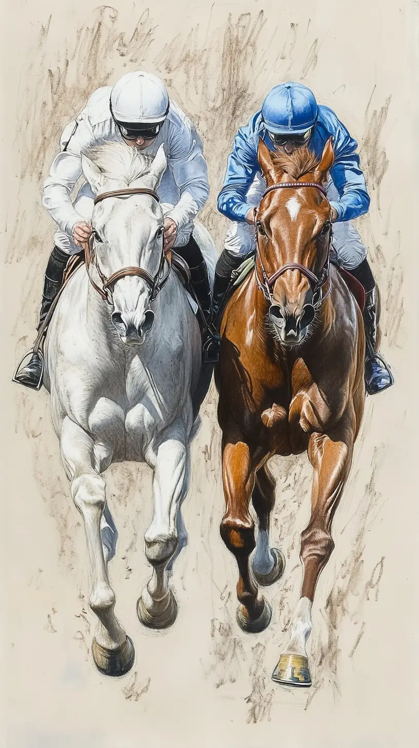 Colored pencil study of two racehorses at full gallop