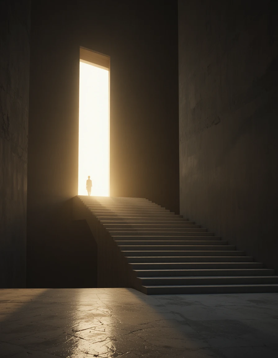 Silhouette On Endless White Stairs Facing Luminous Doorway