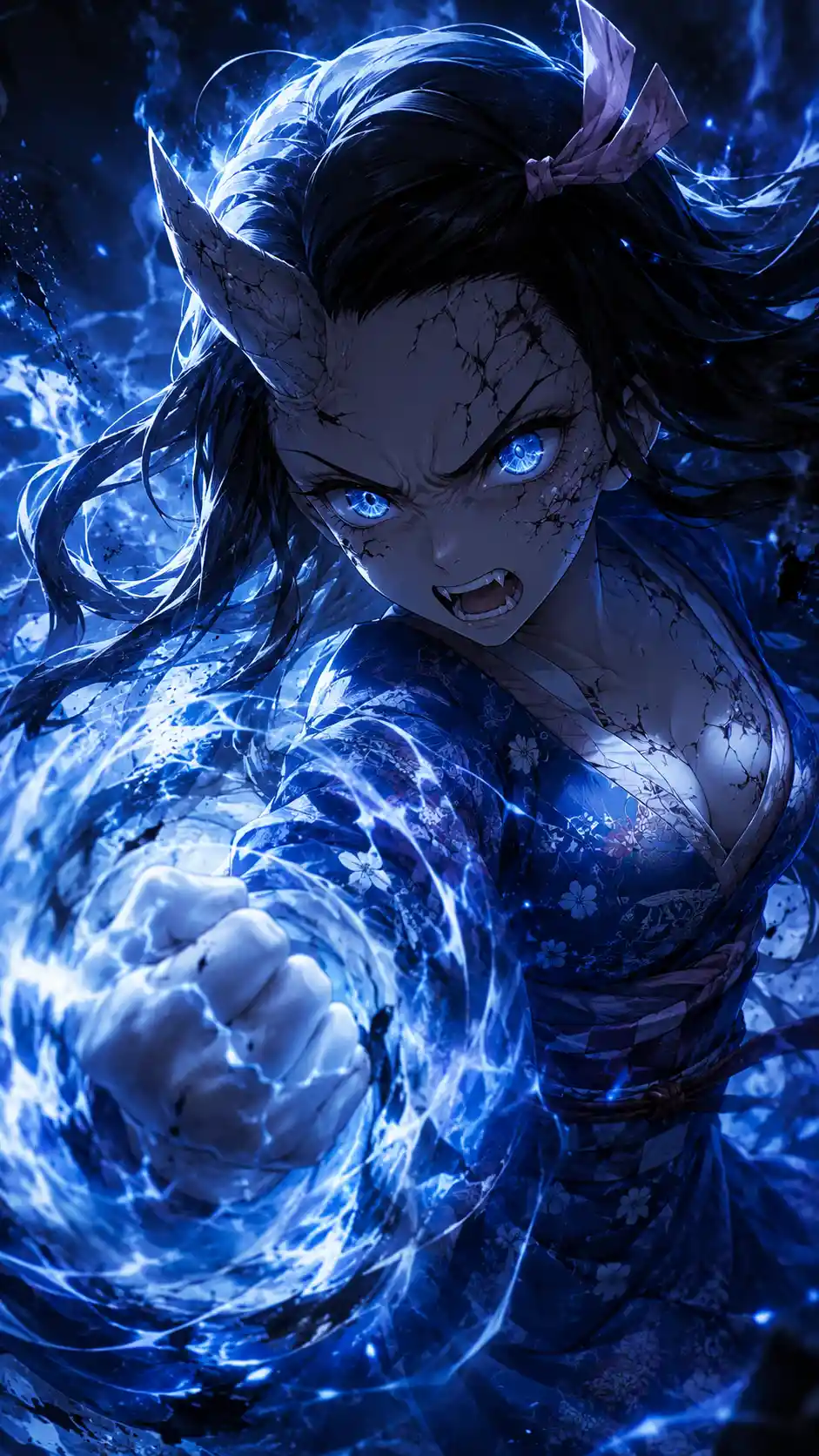 Demonic anime girl with glowing blue energy fist