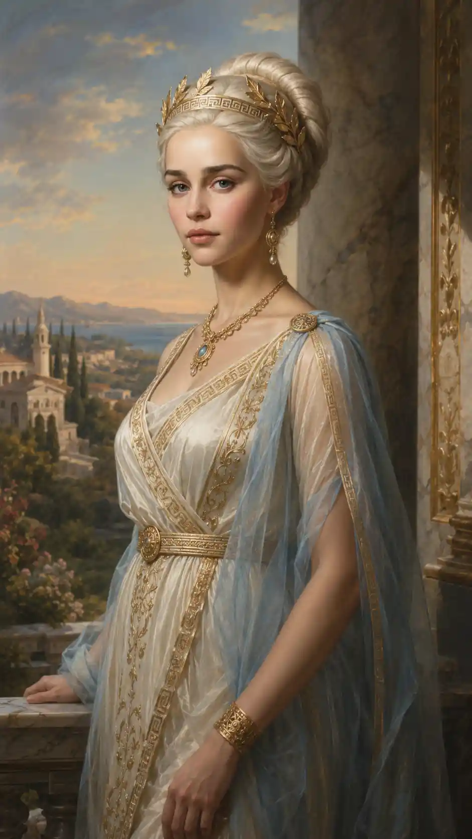 Elegant Roman woman on a villa terrace in soft light