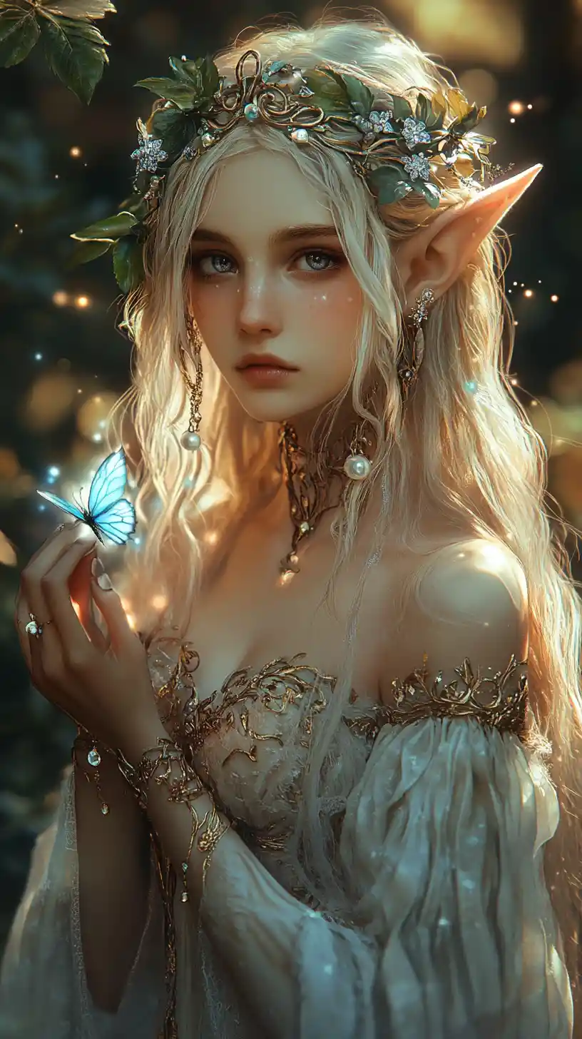 Ethereal elf woman holding glowing blue light in forest