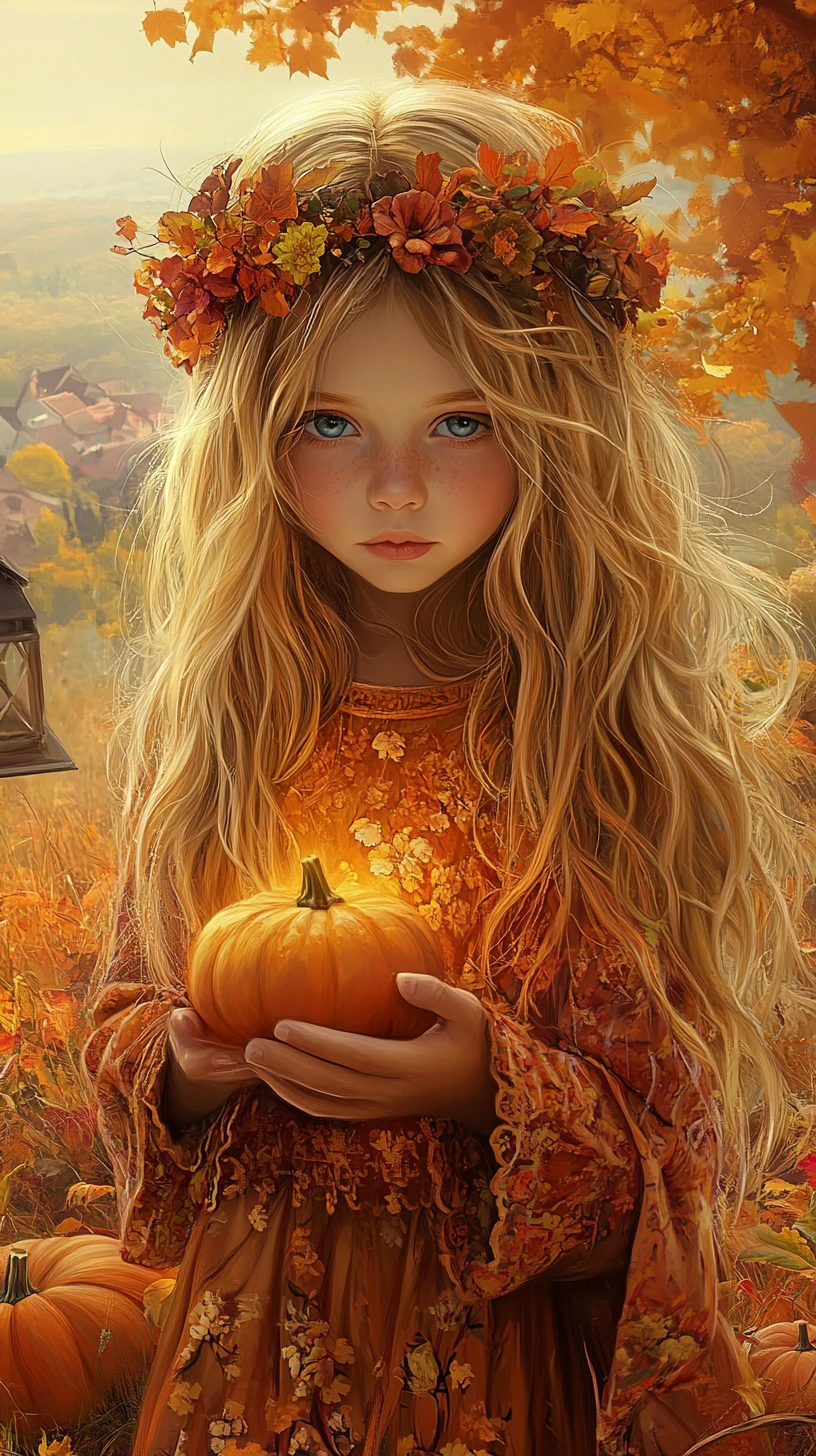 Young girl with autumn crown holding glowing orange light