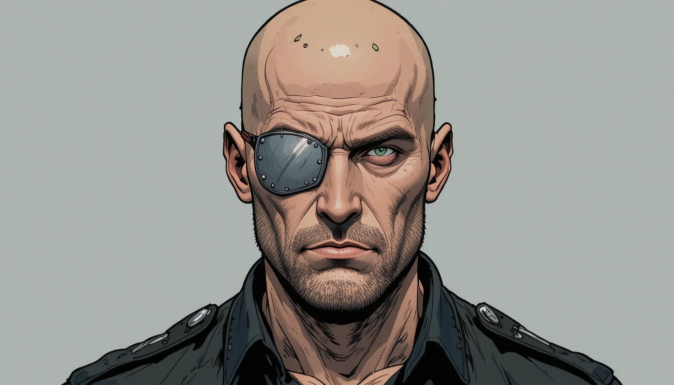Stern bald man with metal eye patch portrait