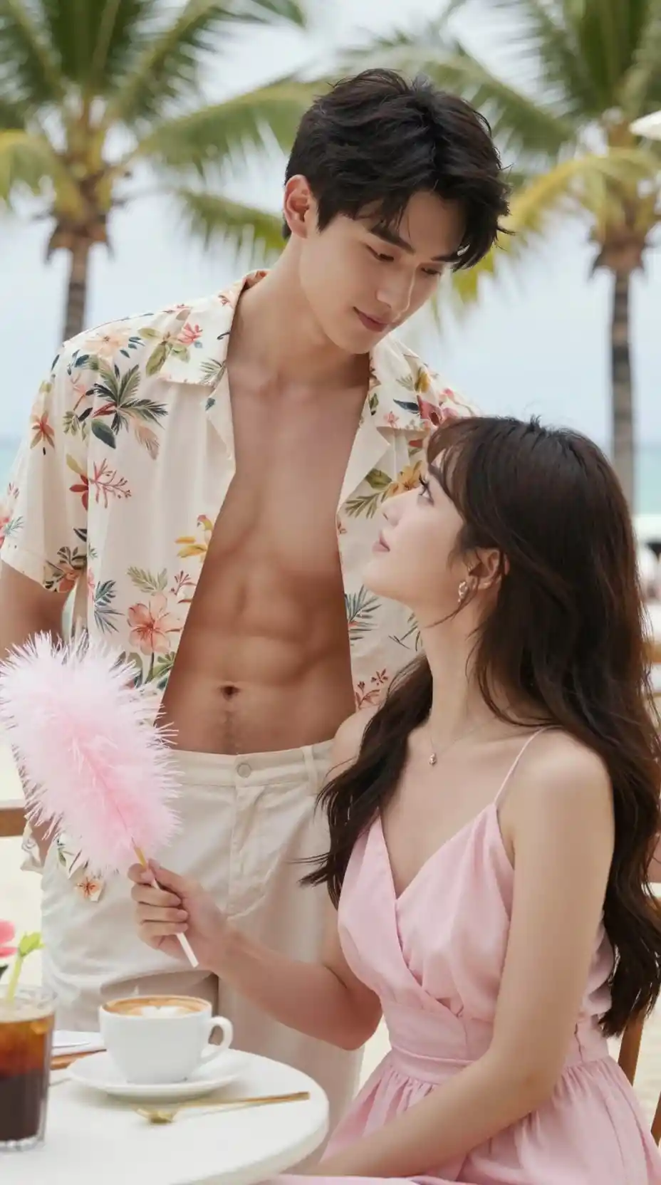 Romantic couple at beach cafe in soft summer light