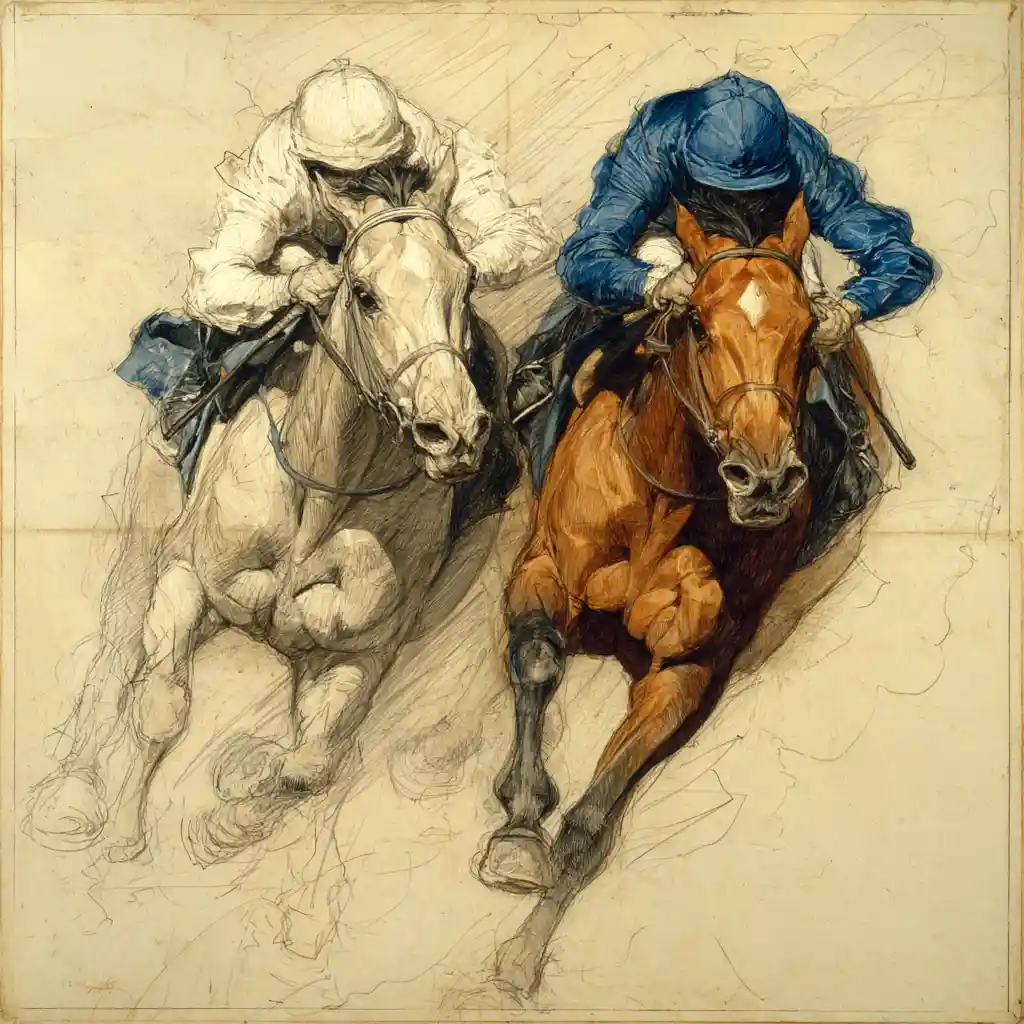 Two racehorses galloping neck and neck toward the viewer