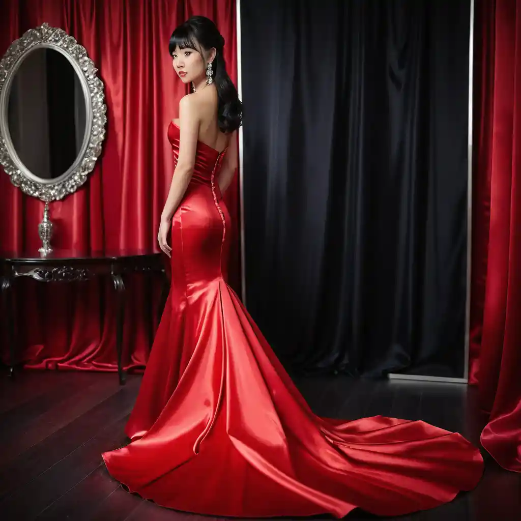 Elegant woman in red satin strapless dress from behind