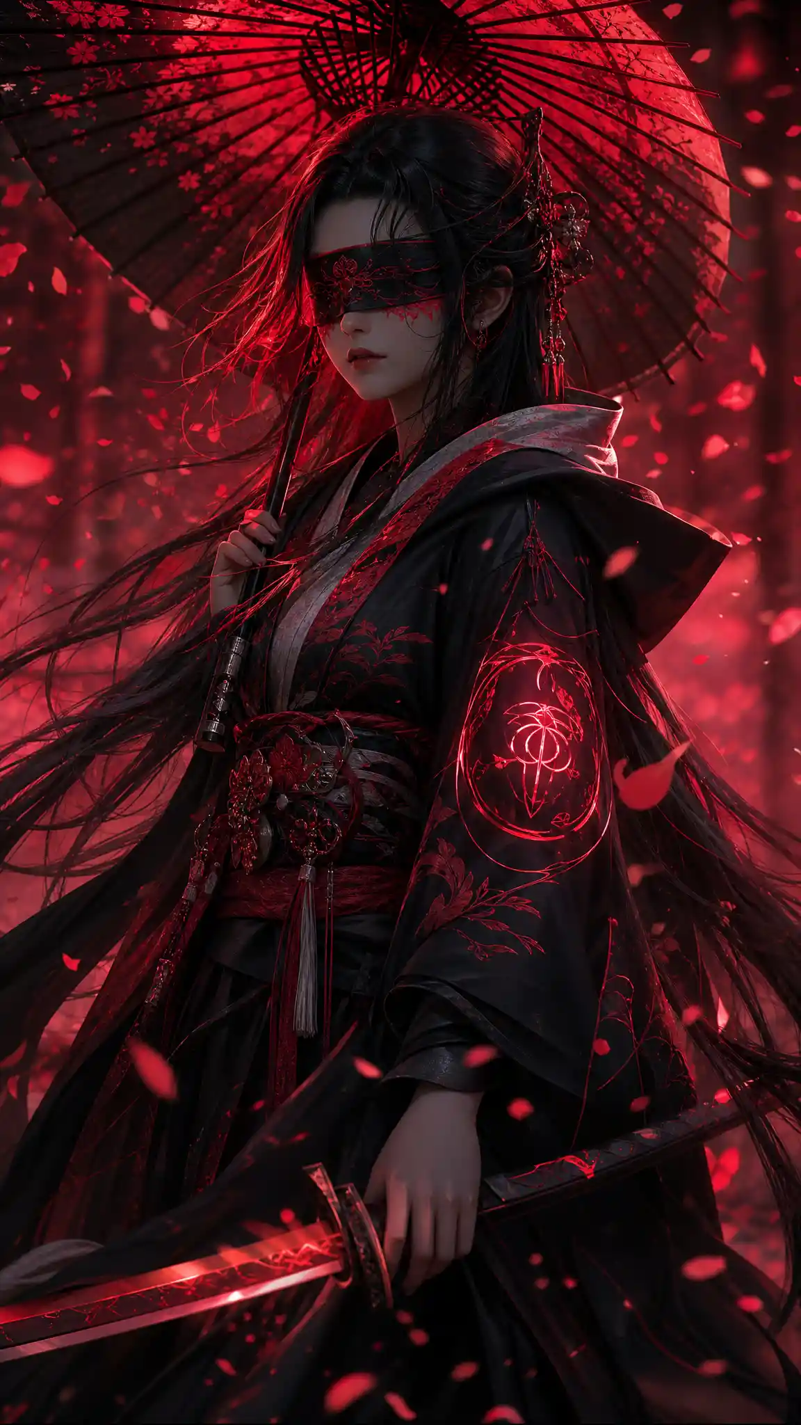 Blindfolded anime girl with katana in falling sakura petals