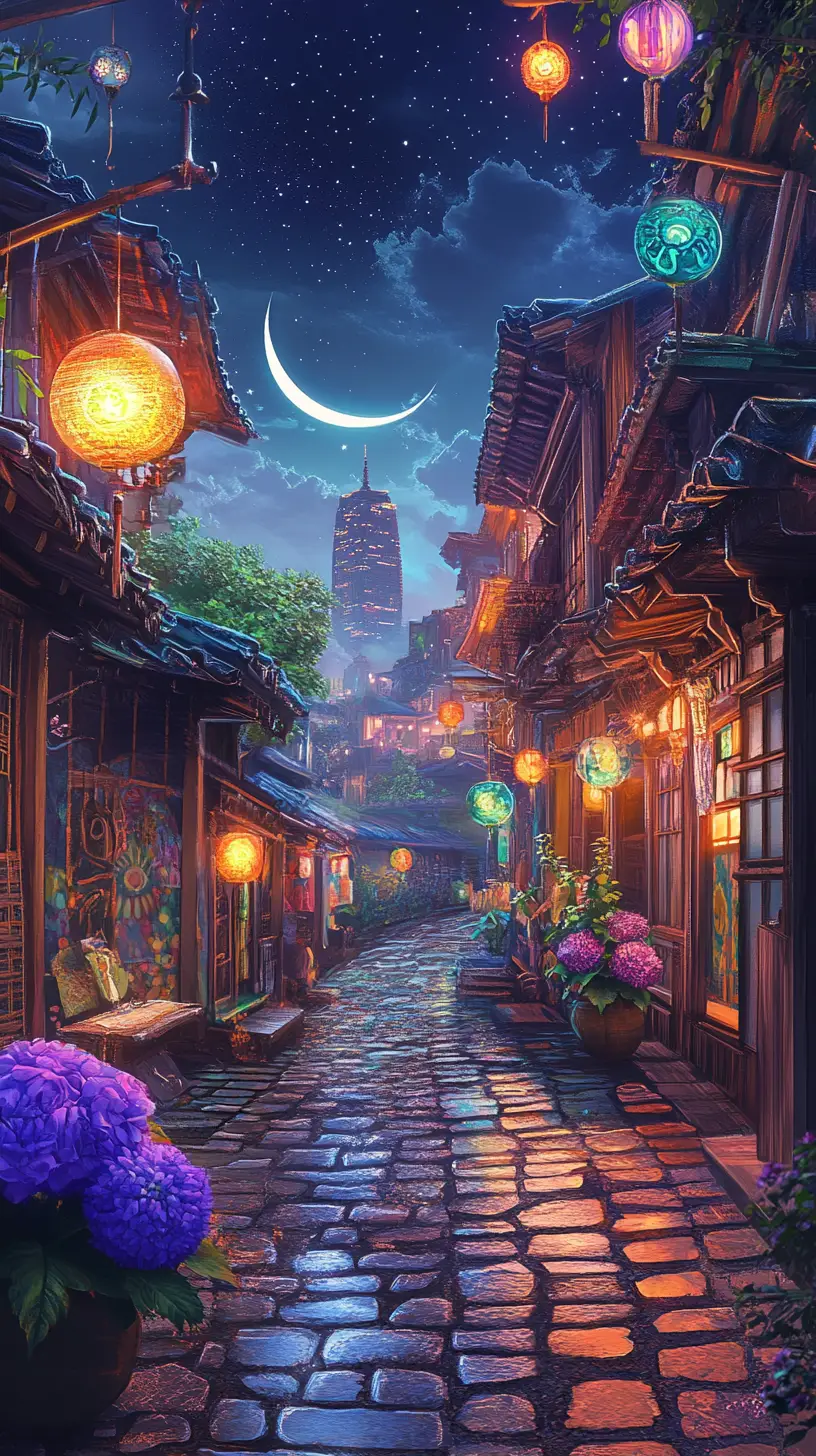 Psychedelic lantern lit alley with ornate eastern architecture