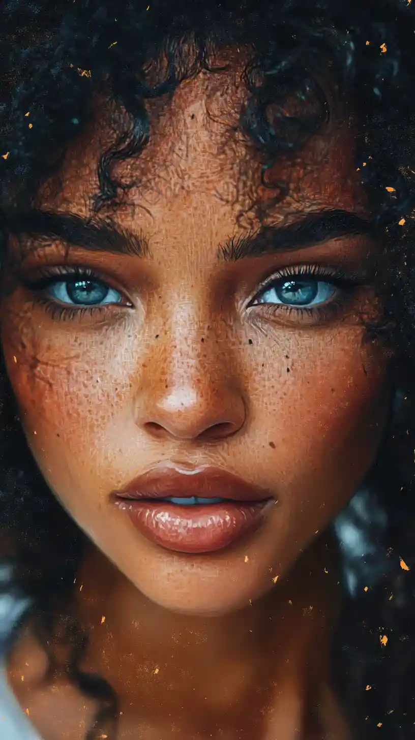 Extreme close up portrait of a freckled girl in side light