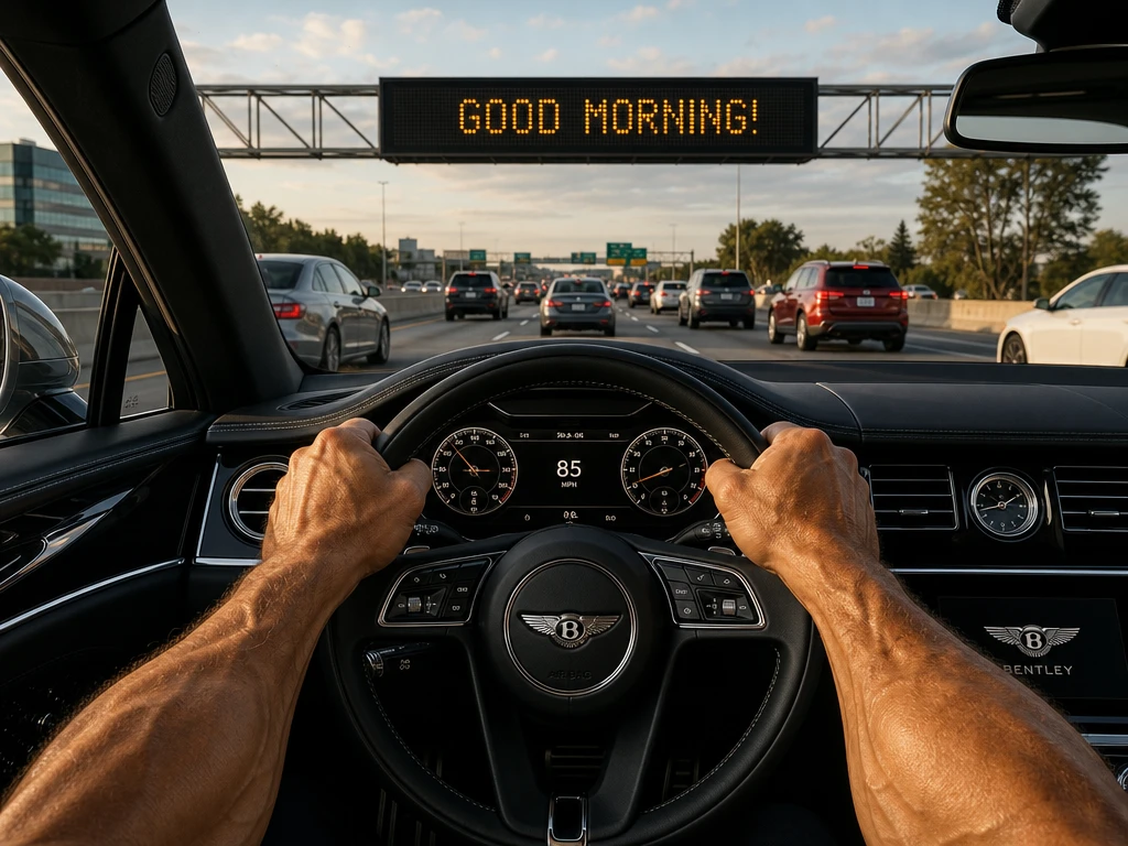 Driving on a busy highway toward a glowing message sign