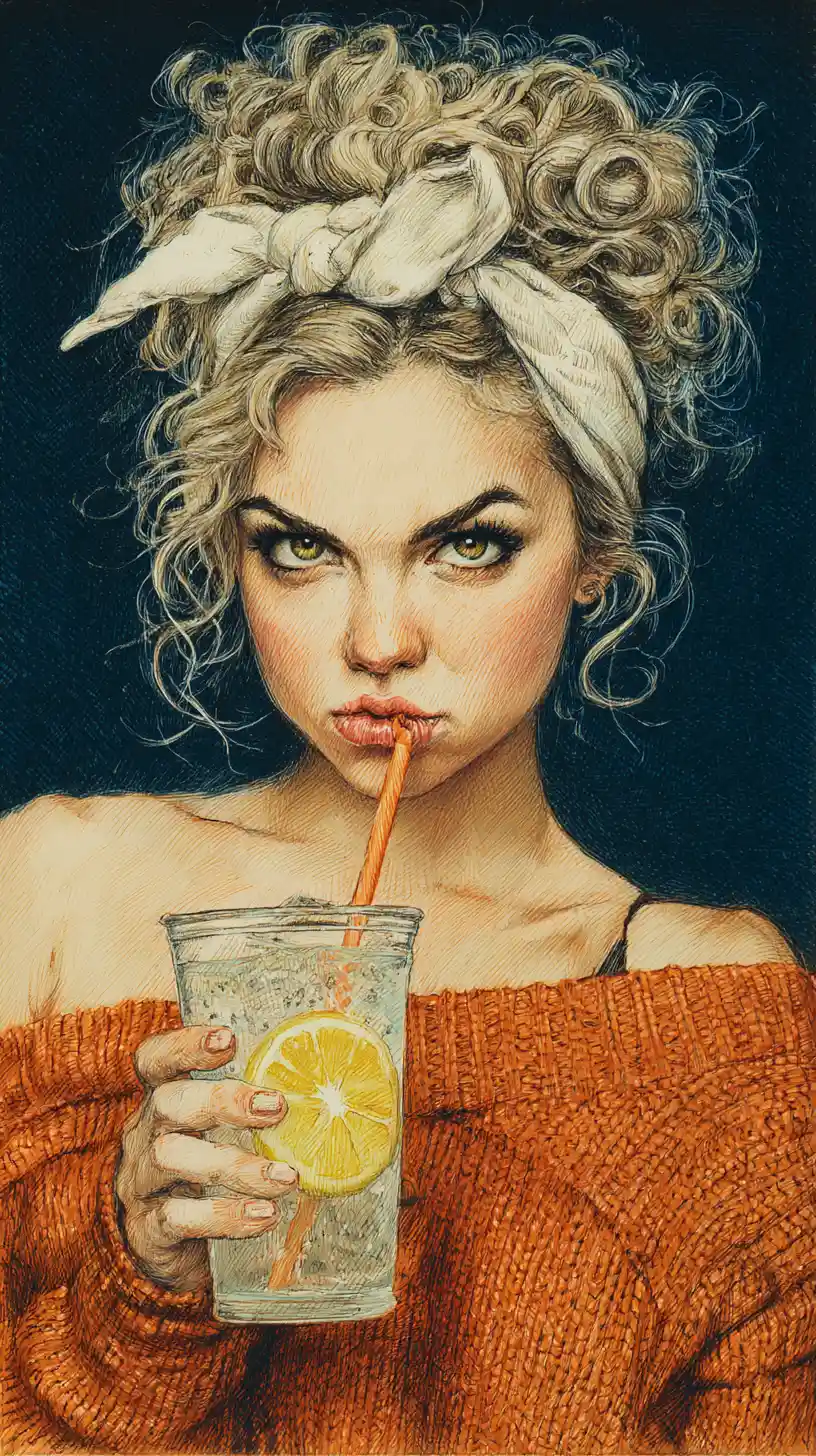 Defiant girl portrait with iced lemonade and fierce gaze