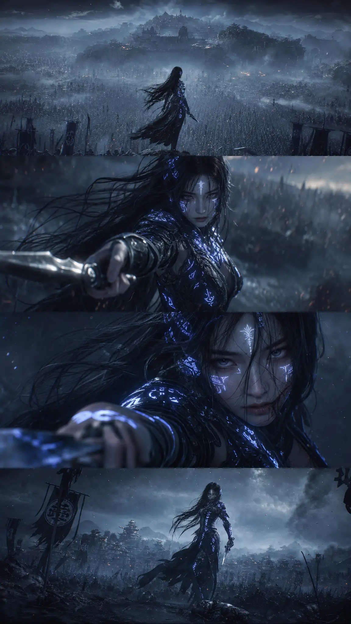 Cybernetic warrior woman with kunai on blue ash battlefield
