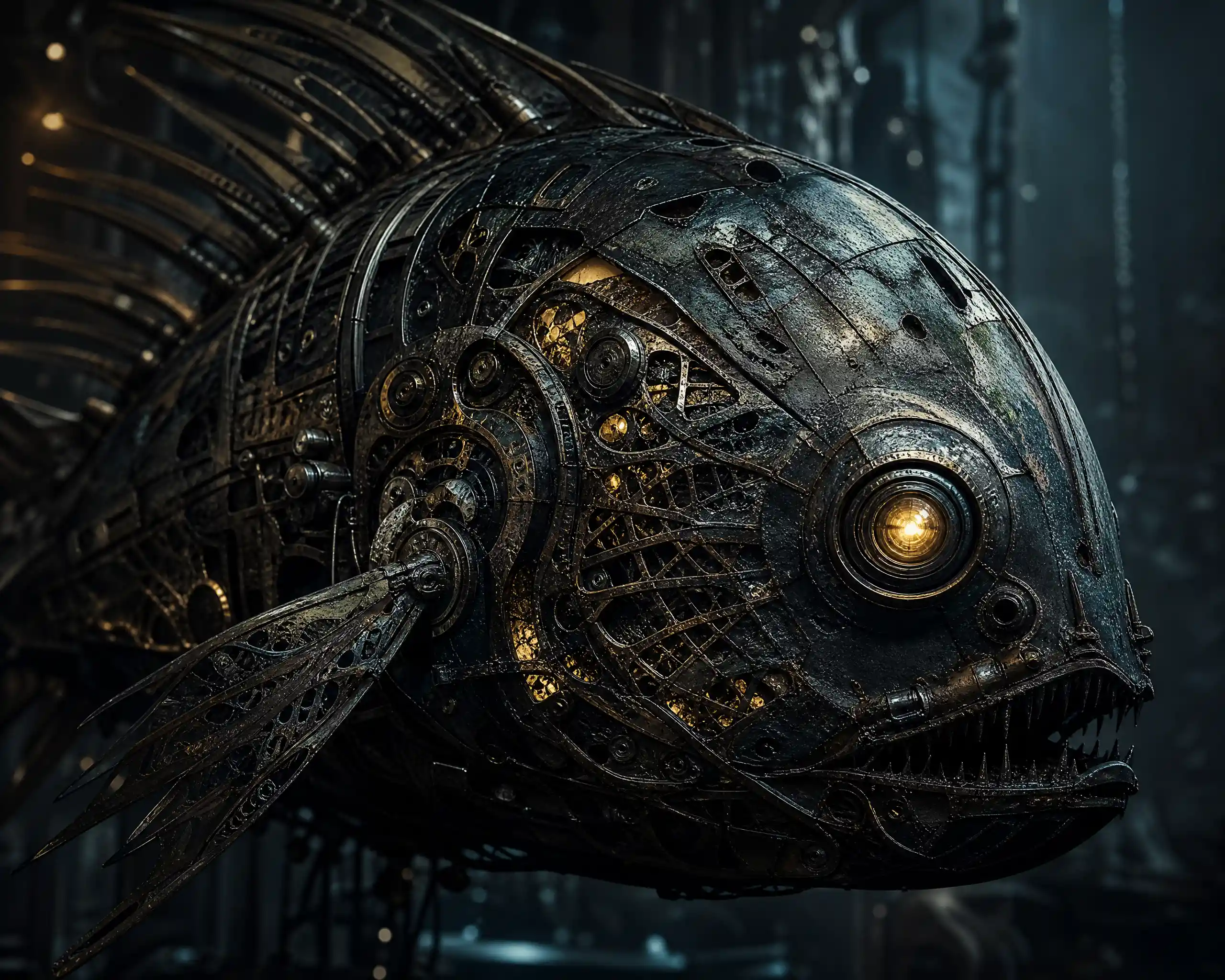 Gigantic mechanical cyber fish with glowing golden eyes