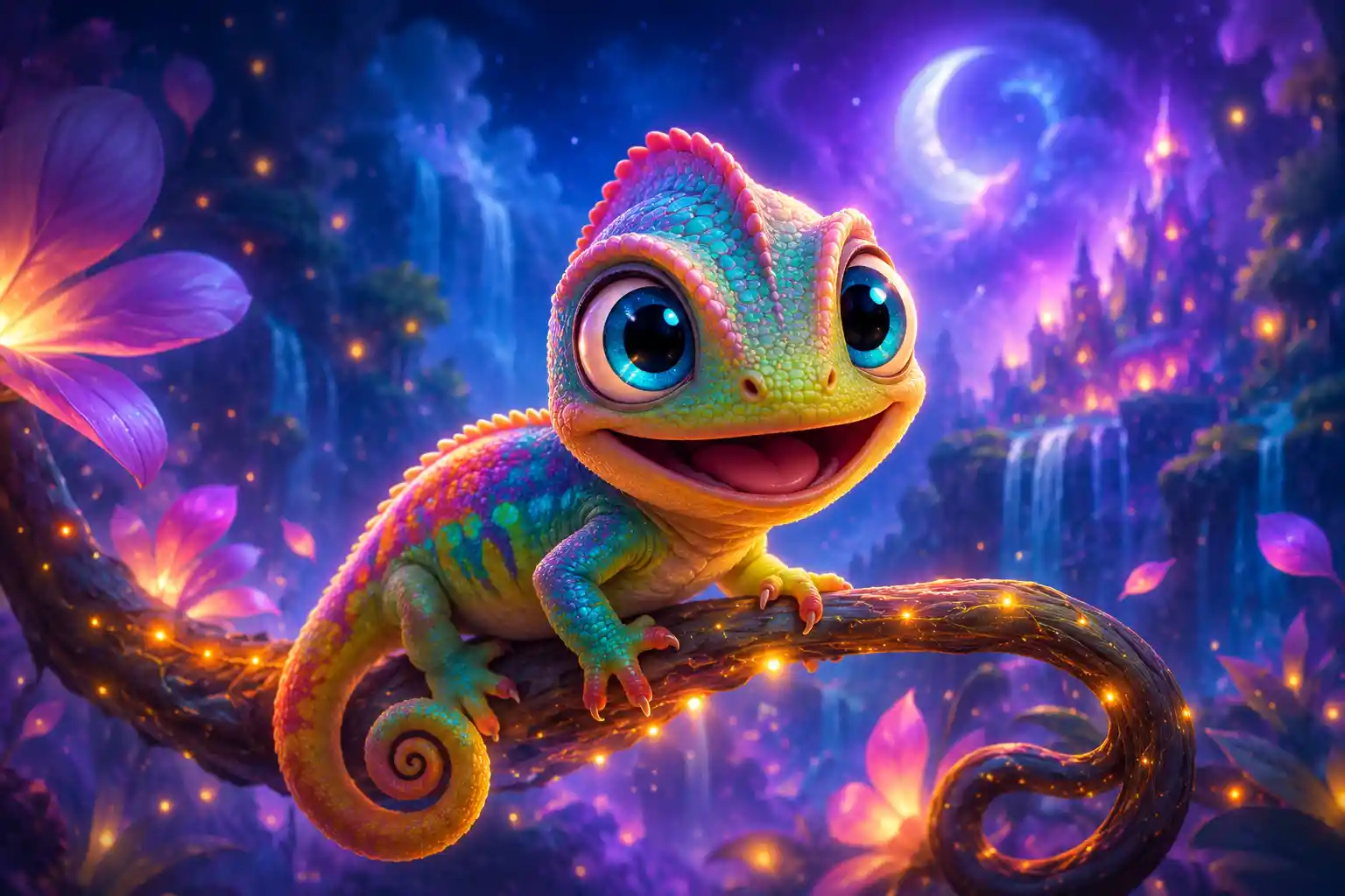 Dolce camaleonte neonato su ramo luminoso in stile Pixar