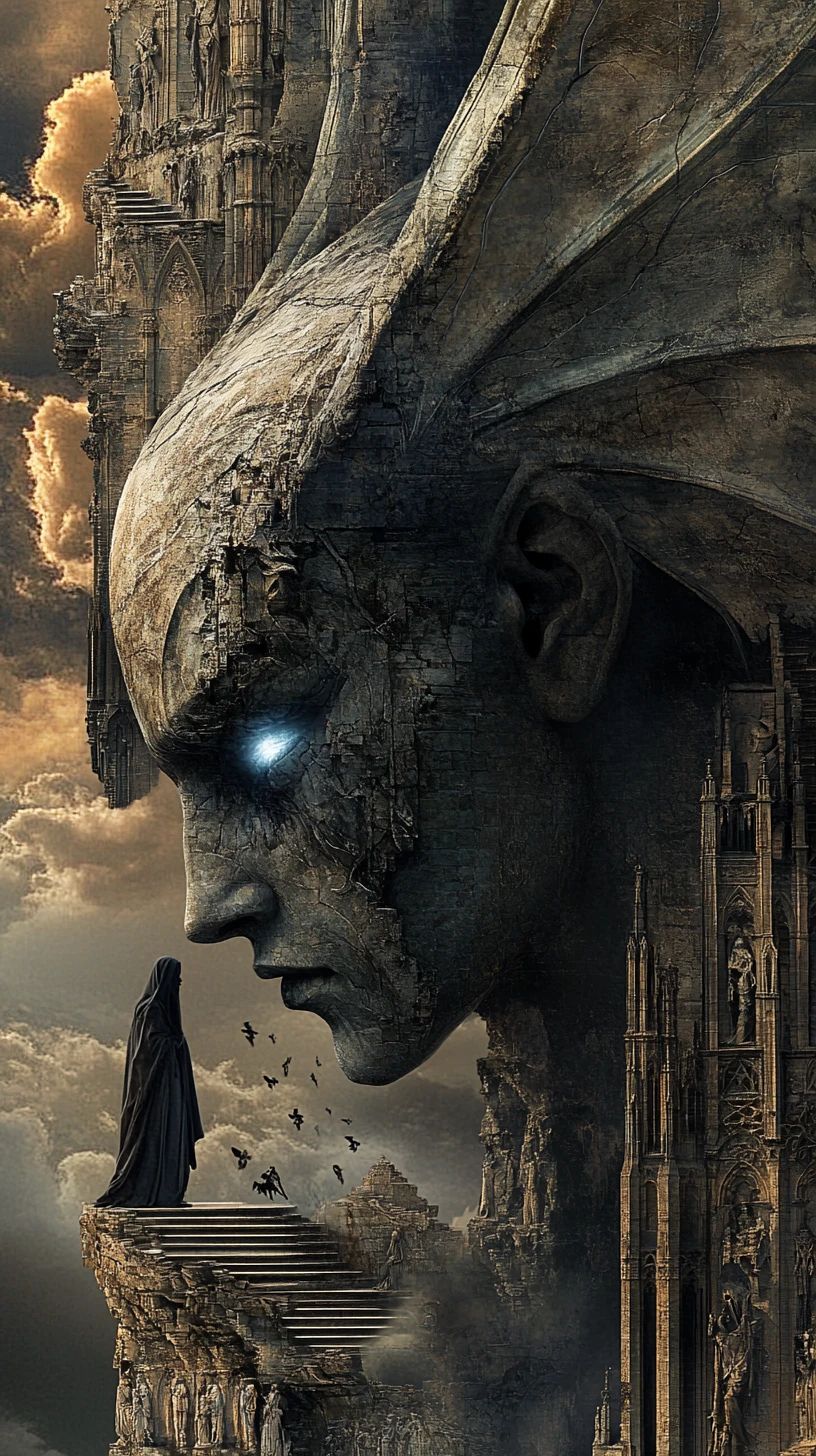 Surreal Gargoyle Woman Overseeing A Vertical Gothic City