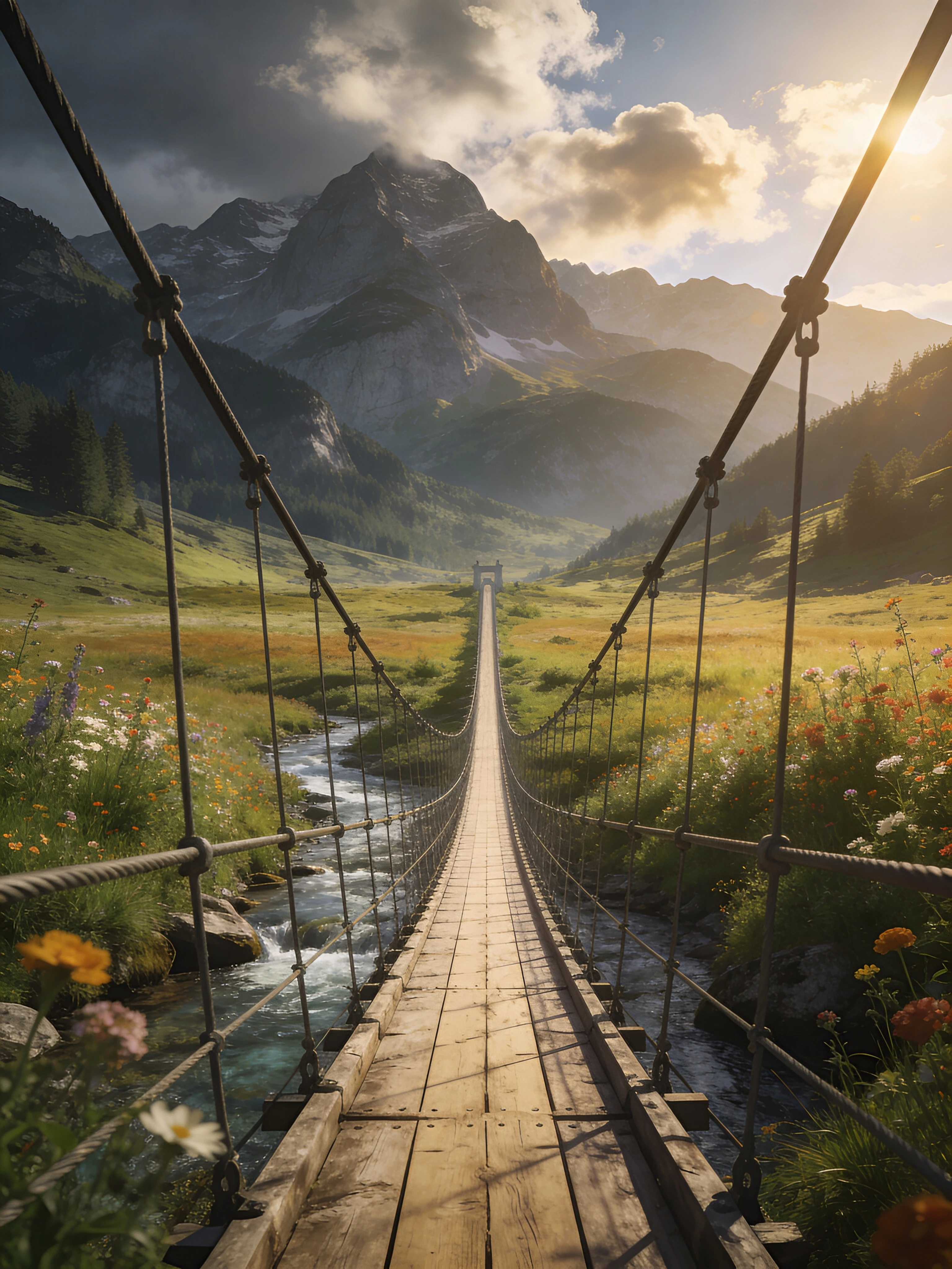 Long mountain suspension bridge over stream in Austria meadow