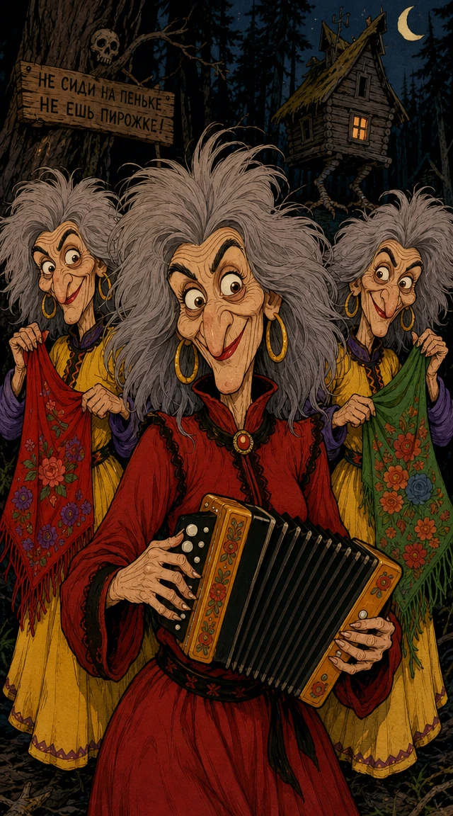 Cartoon Baba Yaga trio in a dark forest close up