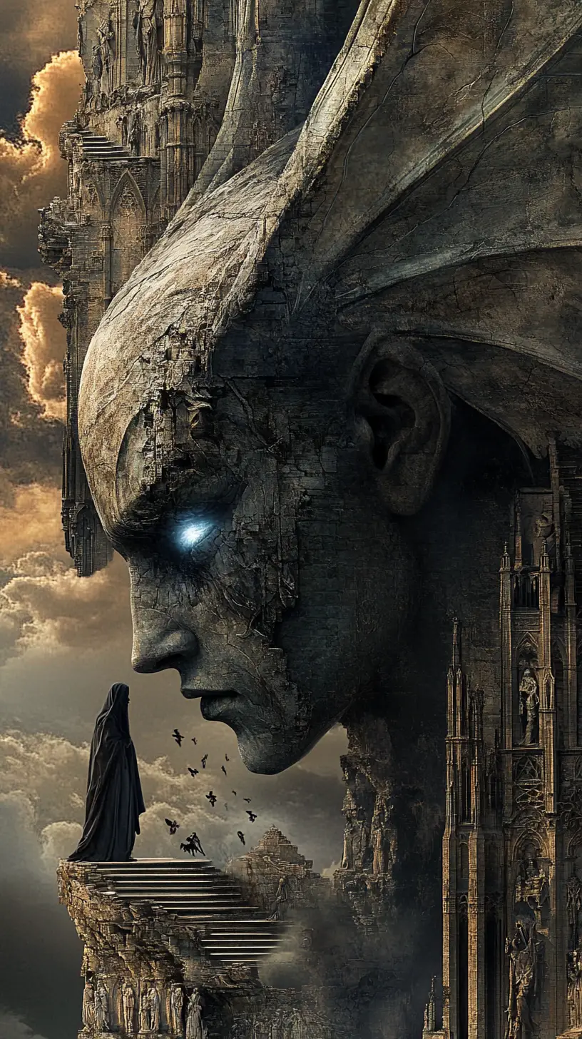Surreal Gargoyle Woman Overseeing A Vertical Gothic City
