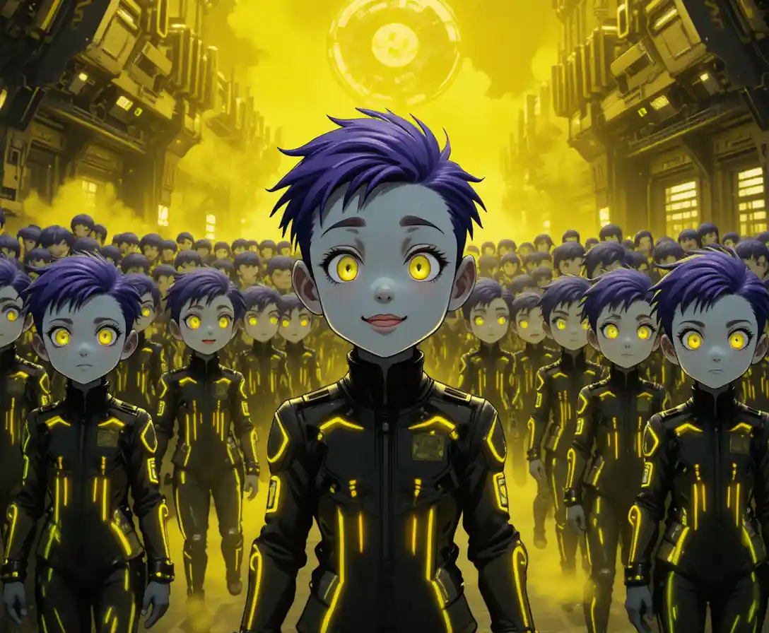 Futuristic toddlers in a vast neon sci fi chamber