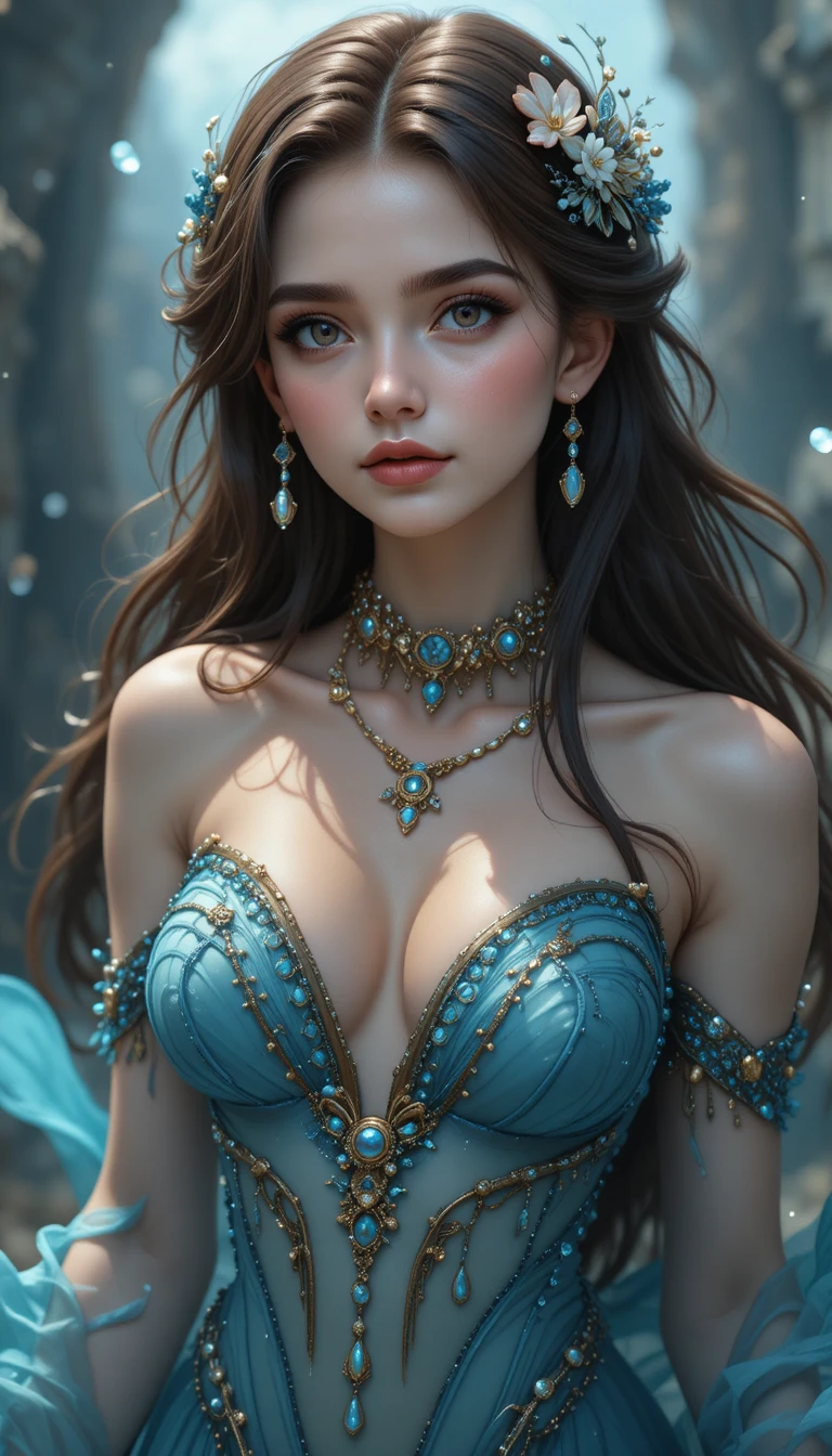 Elegant anime mermaid nymph woman in flowing aquatic veils