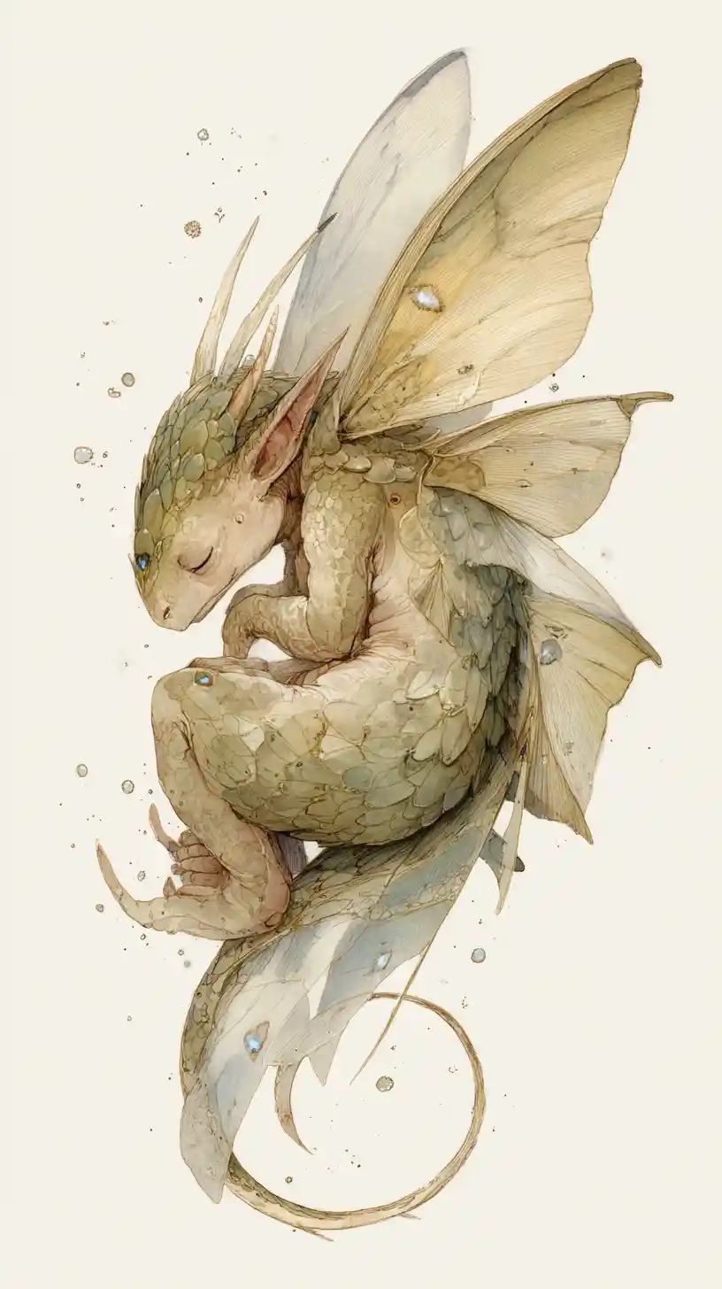 Small dragon curled around a fairy with glowing markings