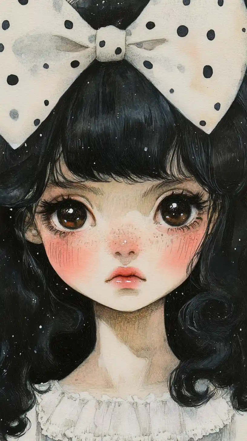 Manga watercolor portrait of a young Asian girl with bow