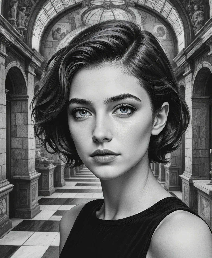 Young Italian woman portrait with surreal architectural background