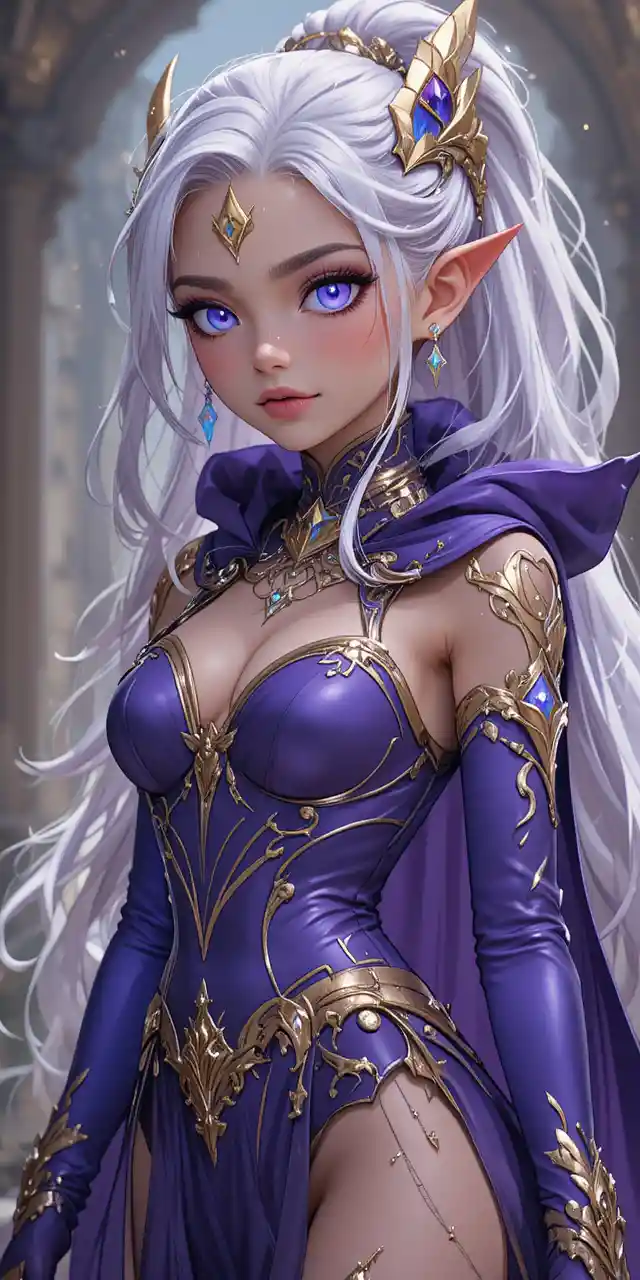 Elegant anime time mage girl with glowing violet eyes