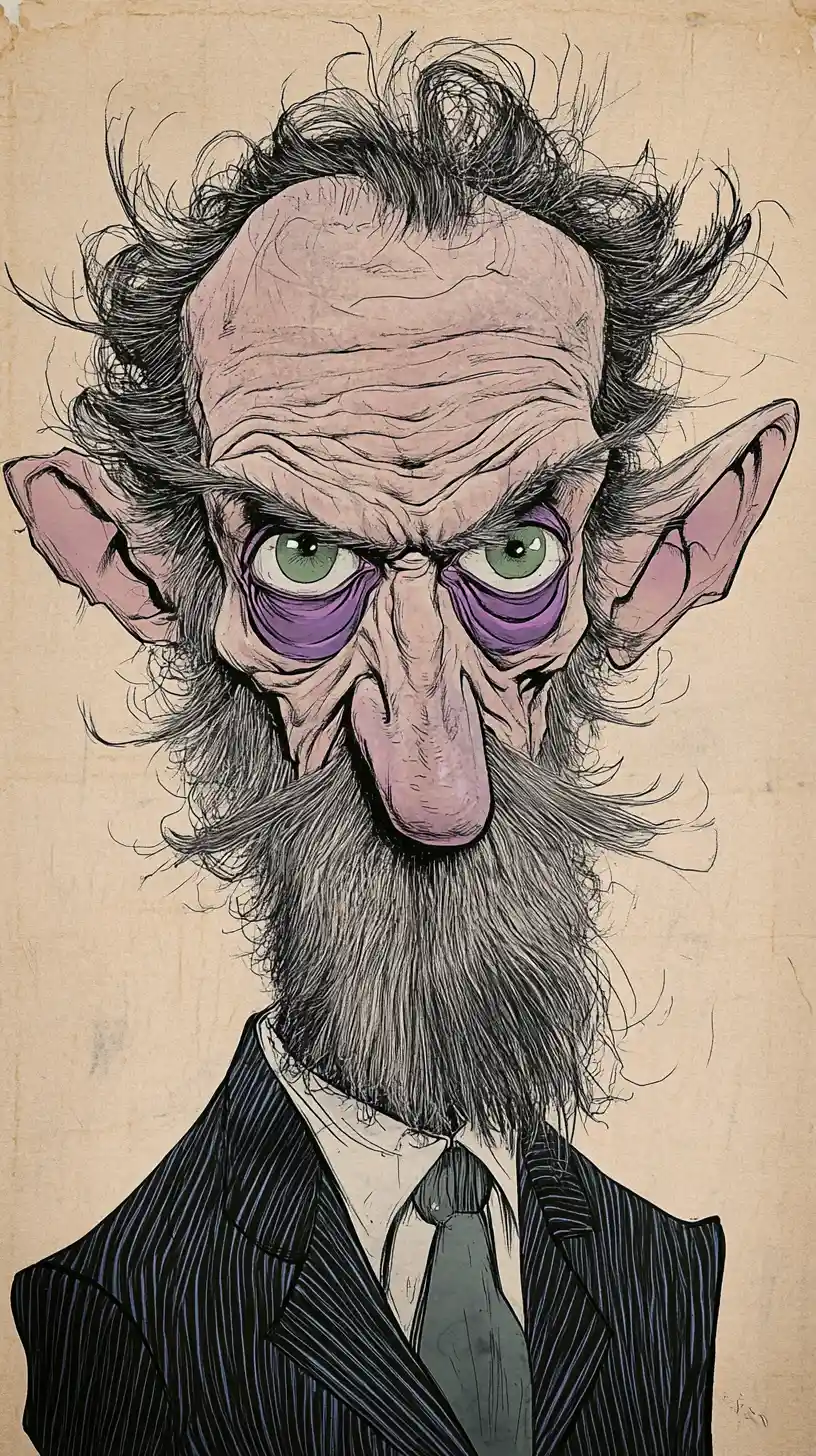 Caricature Portrait Of Gaunt Elderly Man In Ink Illustration