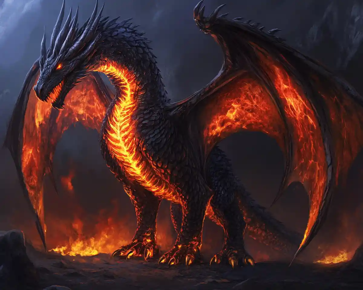 Black dragon with fiery glowing wings and chest