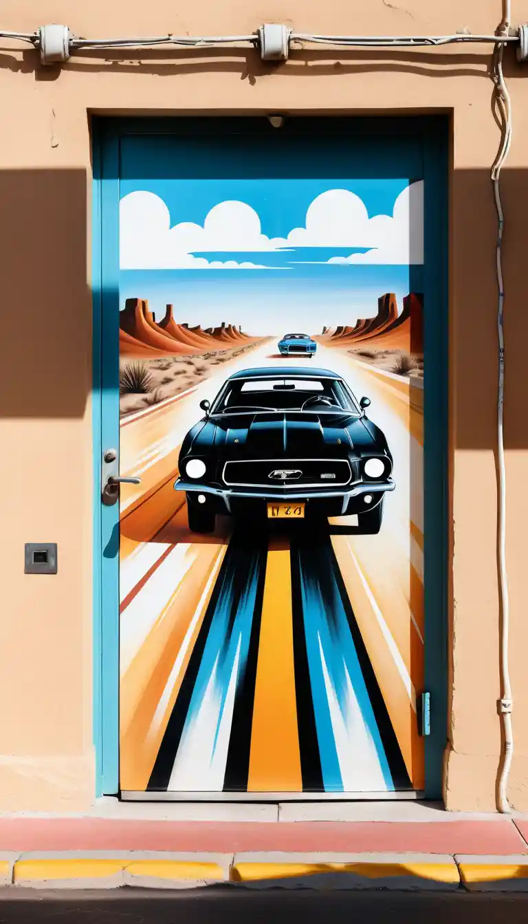 Retro di camion con murale graffiti di cowboy su autostrada nel deserto